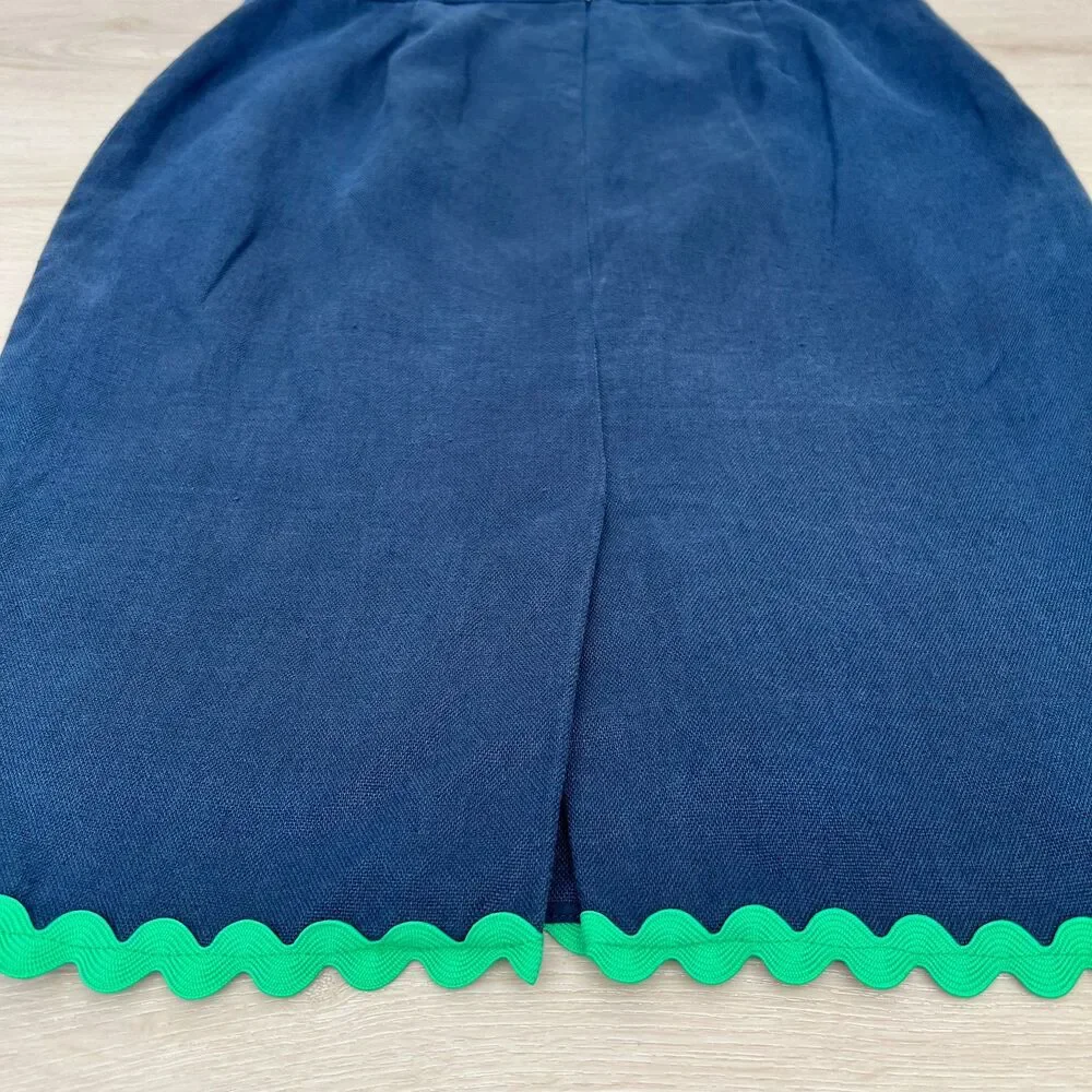 J.Crew Navy Blue Green Ric Rac Linen Retro Preppy Twee Revival Pencil Skirt Sz 6
